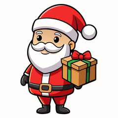 Cartoon santa claus holding a christmas gift box with a red bow and green ribbon in a festive scene