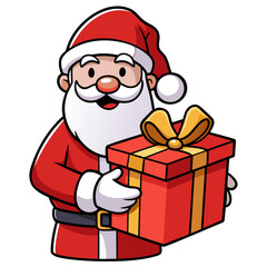 Santa claus illustration holding a red gift box with a yellow ribbon on a white background design art