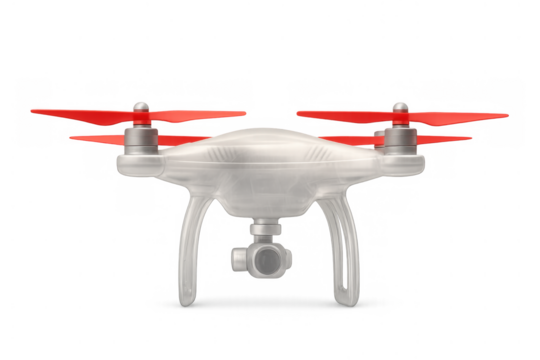 Drone quadcopter flying with camera for aerial surveillance and remote control technology, transparent background