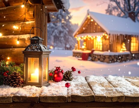 Cozy winter cabin with glowing lantern and Christmas lights snow candle