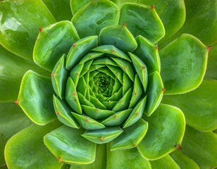 Vibrant green succulent rosette pattern close up with water droplets plant nature