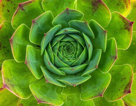 Vibrant green succulent plant with intricate spiral rosette pattern nature