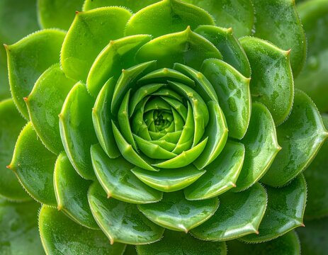 Vibrant green succulent rosette pattern with water droplets plant nature
