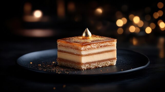 A beautifully presented layered dessert on a dark plate, adorned with a shiny golden topping, Perfect for culinary blogs, gourmet food promotions, or event invitations highlighting sweet treats,