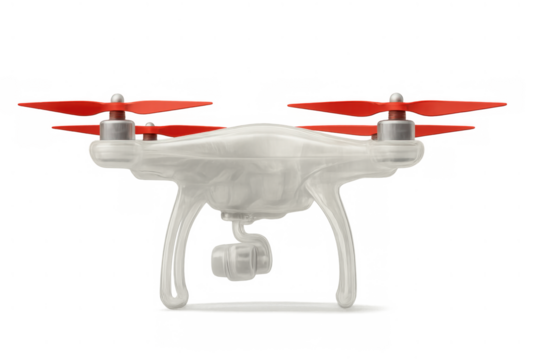 Drone quadcopter flying with camera recording aerial video, modern technology, remote control, transparent background