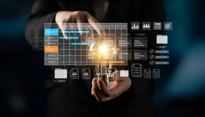 Digital visualization of multiple project timelines with progress tracking, documents, and team collaboration symbols Parse