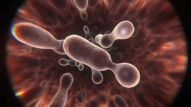 A detailed microscopic view showing budding yeast cells, a visual representation of asexual reproduction and intercellular processes within a living organism