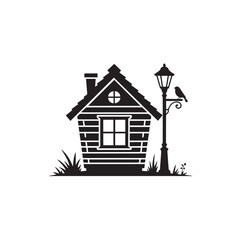 Silhouette of a small house with a lamp post and bird
