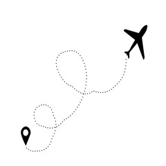 Airplane is in a dotted line. Tourism and travel. The waypoint is for a tourist trip. and his track on a white background. Vector illustration.