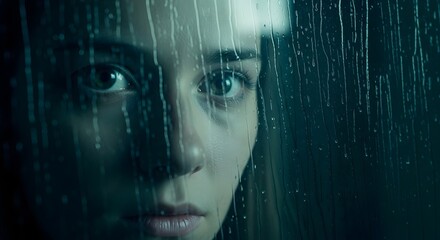 Intense gaze of a young woman through rain streaked glass, conveying deep emotion and introspection on a gloomy, atmospheric day.