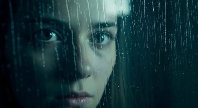 Intense gaze of a young woman through rain streaked glass, conveying deep emotion and introspection on a gloomy, atmospheric day.