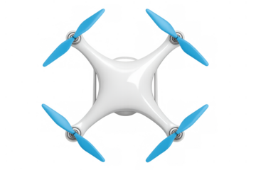 Modern white quadcopter drone with blue propellers flying, representing aerial technology and smart surveillance