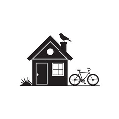 Simple black silhouette of a house with a bird and bicycle
