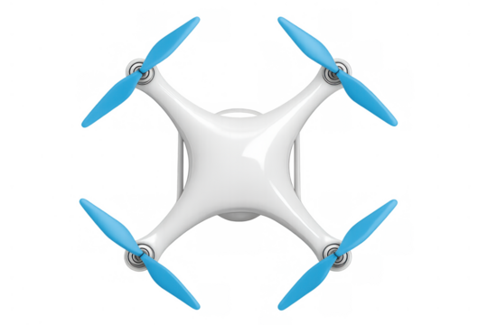 Modern white quadcopter drone with blue propellers flying, representing aerial technology and smart surveillance