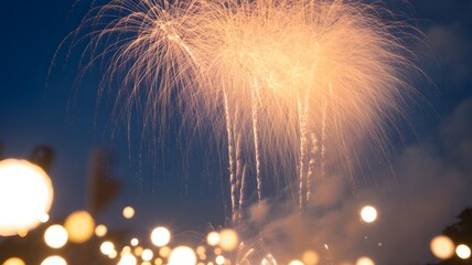 Golden fireworks illuminate the night sky, creating a mesmerizing display of light and color, with bokeh lights adding a touch of magic to the scene