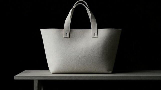 A stylish tote bag displayed on a minimalist table against a dark backdrop, ideal for e-commerce, fashion promotions, branding, or lifestyle blogs focusing on modern accessories,