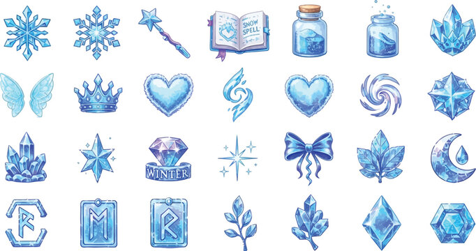 Collection of frozen design elements snowflake, magic wand, book, potion, wings, crown, heart, crystal, rune