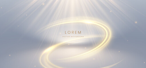 Gold ring overlapping with gold lighting effect sparkling on grey background. Luxury premium scene concept.
