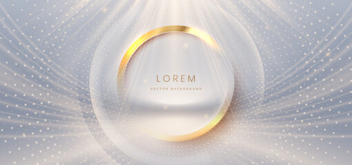 Luxury light gold ray on grey background with gold circles frame effect sparkle.