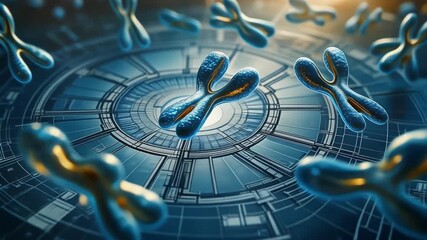 A futuristic microscopic view of replicating chromosomes on a circular digital grid, illustrating advances in genetic science and DNA technology - Powered by Adobe