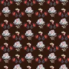 Embroidered white roses, red lilies and cinquefoil flowers on a chocolate background. Seamless floral pattern, elegant repeating print for fabric.