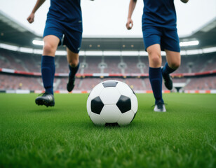 Fototapeta premium Close-up of a soccer ball on the grass with two players running towards it during a match in a professional stadium.
