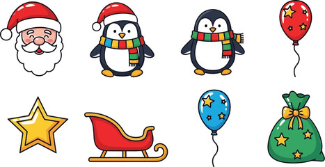 Collection of cute christmas cartoon characters and elements, including santa claus, penguin, star, and balloon