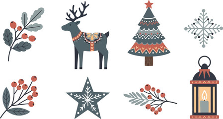 A charming collection of christmas elements featuring a reindeer, tree, lantern, stars, snowflakes, and berries, perfect for festive designs