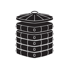 Stylized black and white illustration of a compost bin