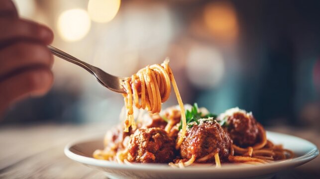 A hand skillfully twirls a fork into a plate of spaghetti topped with savory meatballs. The warm ambiance of the dining area adds to the delightful meal experience