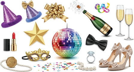 New year party accessories, including hat, bow, champagne, glass, lipstick, star, mask, ball, ring and shoe