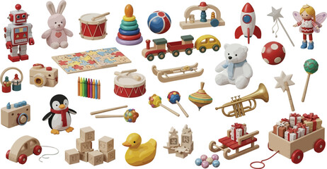 A charming collection of wooden toys, perfect for adding a touch of nostalgia to your designs and projects