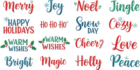 Collection of festive christmas and winter holiday themed words, perfect for adding a touch of seasonal cheer to designs
