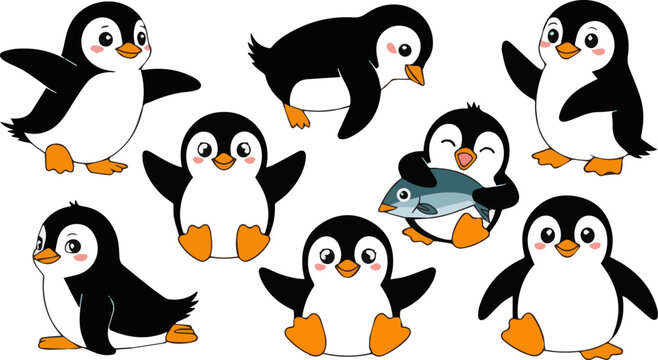 Create a kinds of deferent cute Penguin vector art with white background.