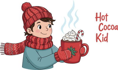 A cute kid wearing a red hat and scarf is holding a mug of hot cocoa with whipped cream