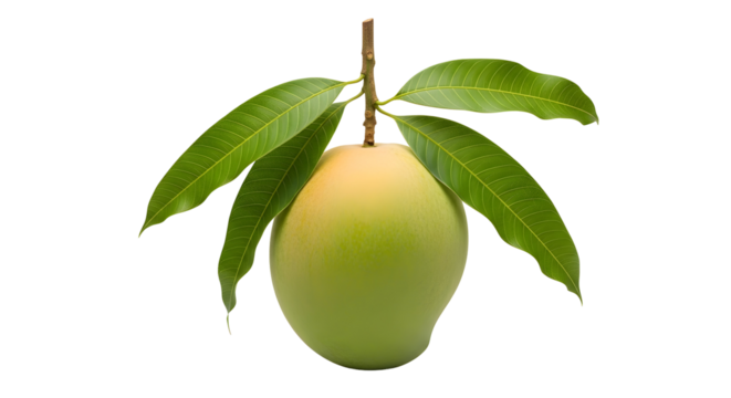 Single ripe mango fruit hanging from a branch with leaves isolated on transparent background