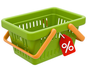 Empty shopping basket with percentage tag. 3D render of plastic supermarket basket for purchase with price tag. Sale and discount promotion, advertising concept. Isolated On Transparent Background