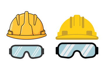 Construction safety gear equipment including hard hats and protective eyewear