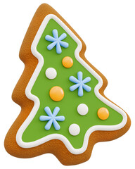 Sweet Iced Gingerbread Cookie Fir Tree With Ornaments. 3D Gingerbread Christmas Tree shape. Traditional Christmas And New Year Festive Delicacy And Decor. Isolated On Transparent Background