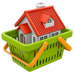 Small cute house inside a shopping basket. Concept of buying property, real estate investment, home sales, mortgage and buy to let. Isolated on transparent background, 3D illustration