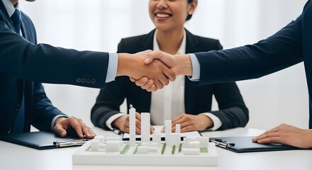 Professional business partners celebrating a successful deal with a handshake and smiles in a bright modern office setting, symbolizing collaboration and achievement.