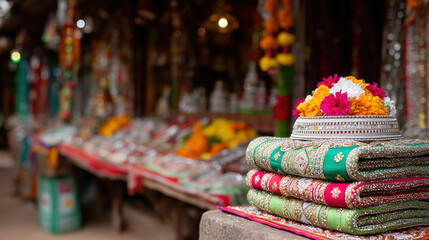 Colorful display of traditional Indian textiles and decorations at a vibrant market in India during festival celebrations