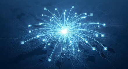 Dynamic global network visualization connecting city data points with glowing lines, illustrating interconnectedness and digital communication.