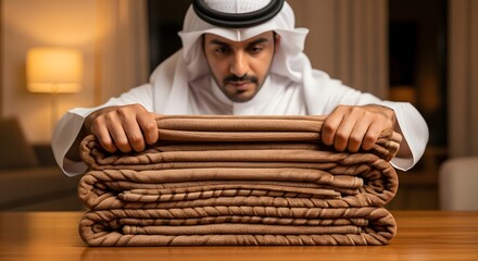 A man dressed in traditional Middle Eastern attire is carefully folding a large, neatly arranged blanket on a wooden table in a cozy indoor setting