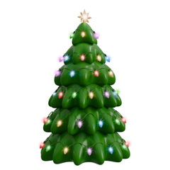 Stylized cartoon green Christmas tree adorned with colorful lights. Concept of Christmas decoration and New Year. Isolated on transparent background. 3D render, minimalistic illustration