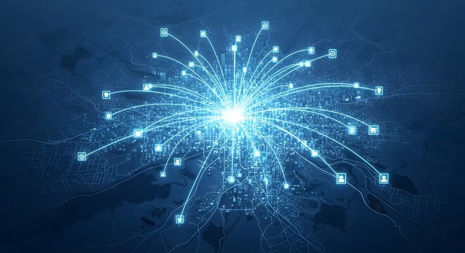 Dynamic global network visualization connecting city data points with glowing lines, illustrating interconnectedness and digital communication.