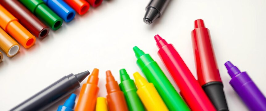 Close-up of colorful vector markers arranged on a white surface, school supplies, felt tip pens - Powered by Adobe