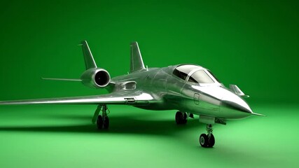 Sleek, metallic jet airplane model on a bright green surface, side view