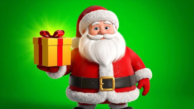 Joyful Santa Claus holding a beautifully wrapped gift, ready to spread holiday cheer and festive spirit with a radiant glow
