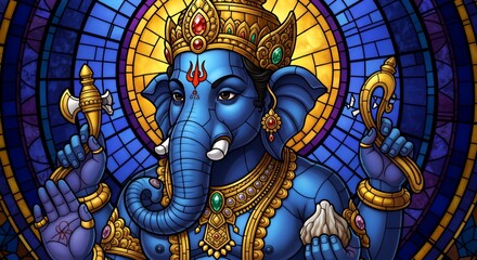 Obraz premium Vibrant, close-up stained glass artwork of Lord Ganesha, depicted with blue skin, holding a golden ankusha and modak. He wears an ornate gold crown and jewelry, with a prominent trident tilak 